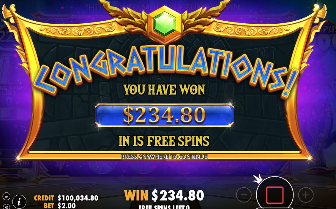 Win screen after a tumble, paid in A$